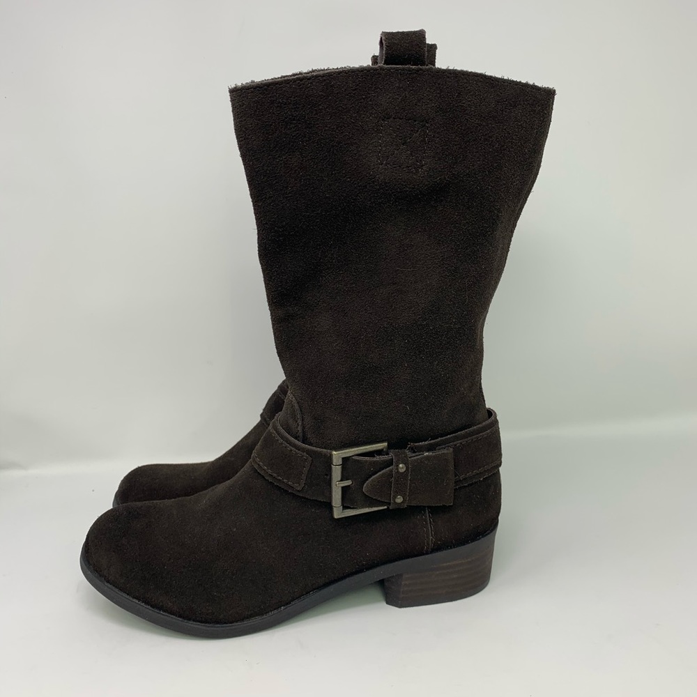 Bass Janice suede chunky heel harness strap boots